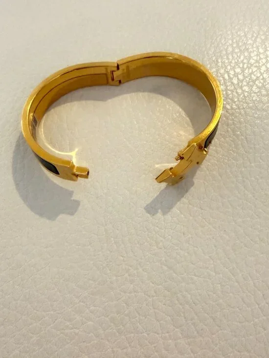AUTHENTIC HERMES CLIC H BRACELET GOLD PLATED BLACK ENAMEL NARROW BANGLE PM - Picture 6 of 9